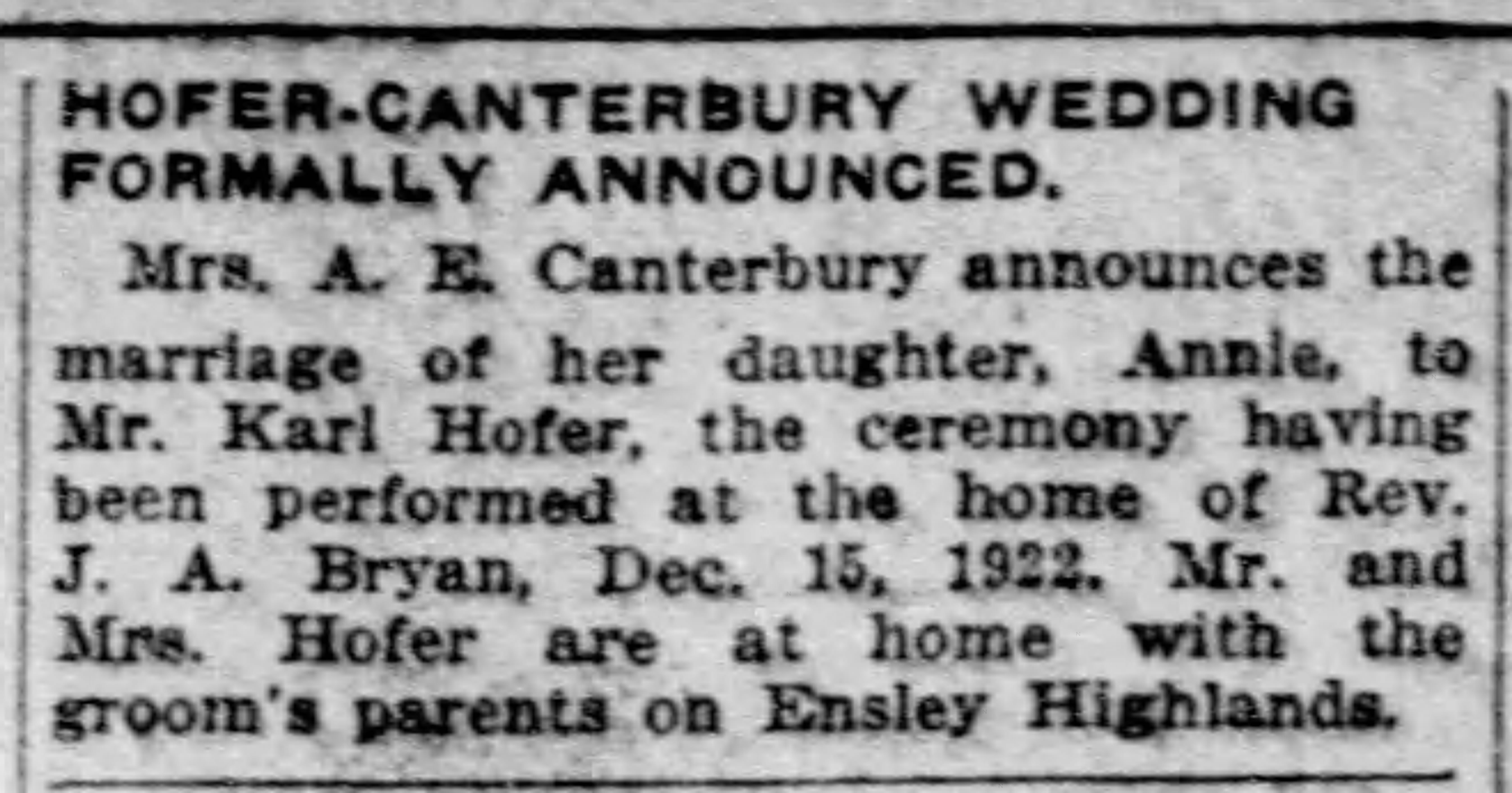 Hofer-Canterbury Wedding Formally Announced